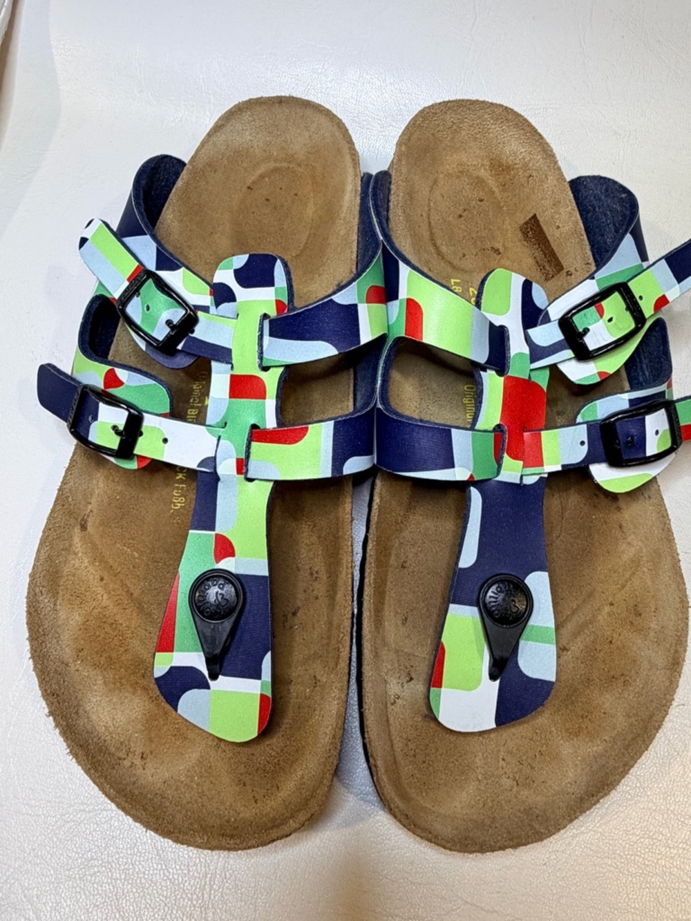 Papillio women’s Navy Green Red Patterned Adjustable Cork Sandals - Picture 2 of 6